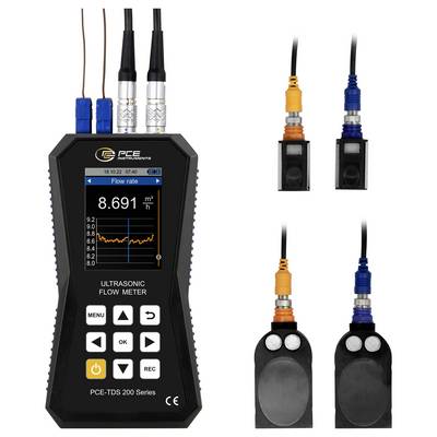 Draagbare ultrasonische debietmeter met LCD-scherm met 8.691 m³/u, plus twee klemsensoren en vier sensorweergaven