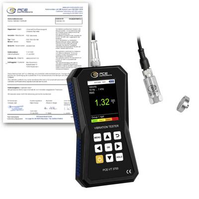 PCE-trillingtester met sonde en kalibratierapport, waarbij op het scherm van het apparaat een gemeten trillingwaarde van 1,32 mm/s wordt weergegeven.