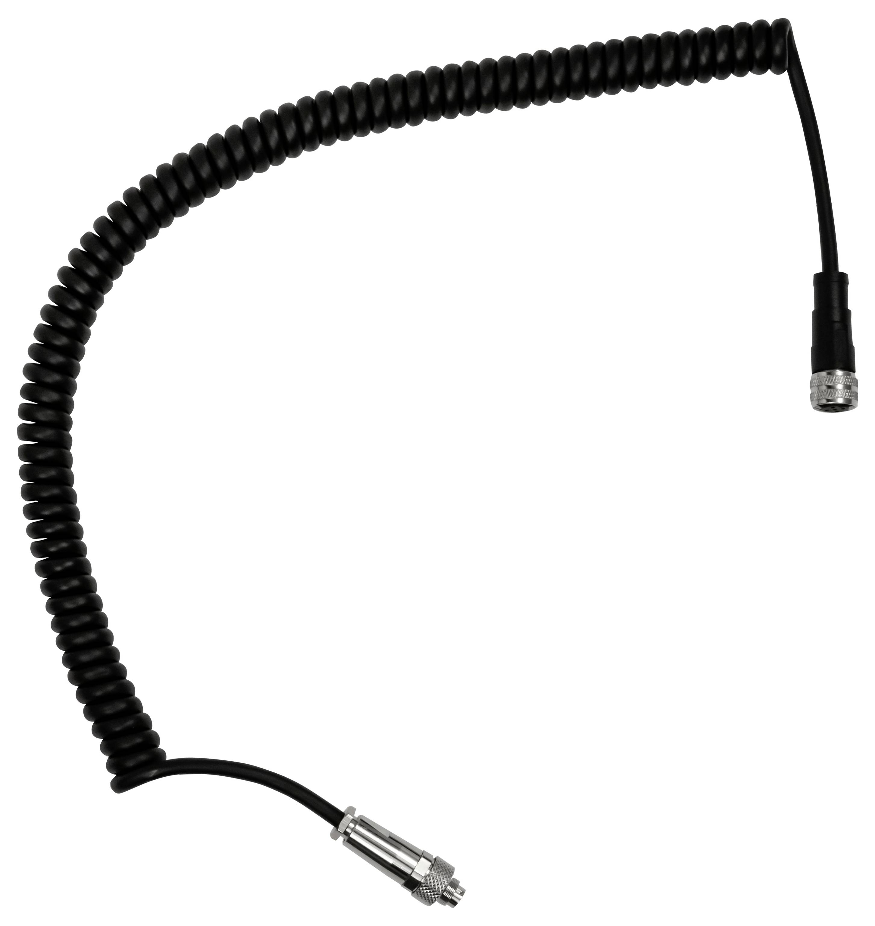 Opgerolde zwarte kabel met metalen connectoren aan beide uiteinden, geïsoleerd weergegeven op een witte achtergrond.