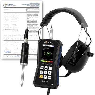 Draagbare PCE-trillingtester met sonde, koptelefoon en kalibratiecertificaat; scherm toont trillingsnelheid van 1,39 mm/s RMS.