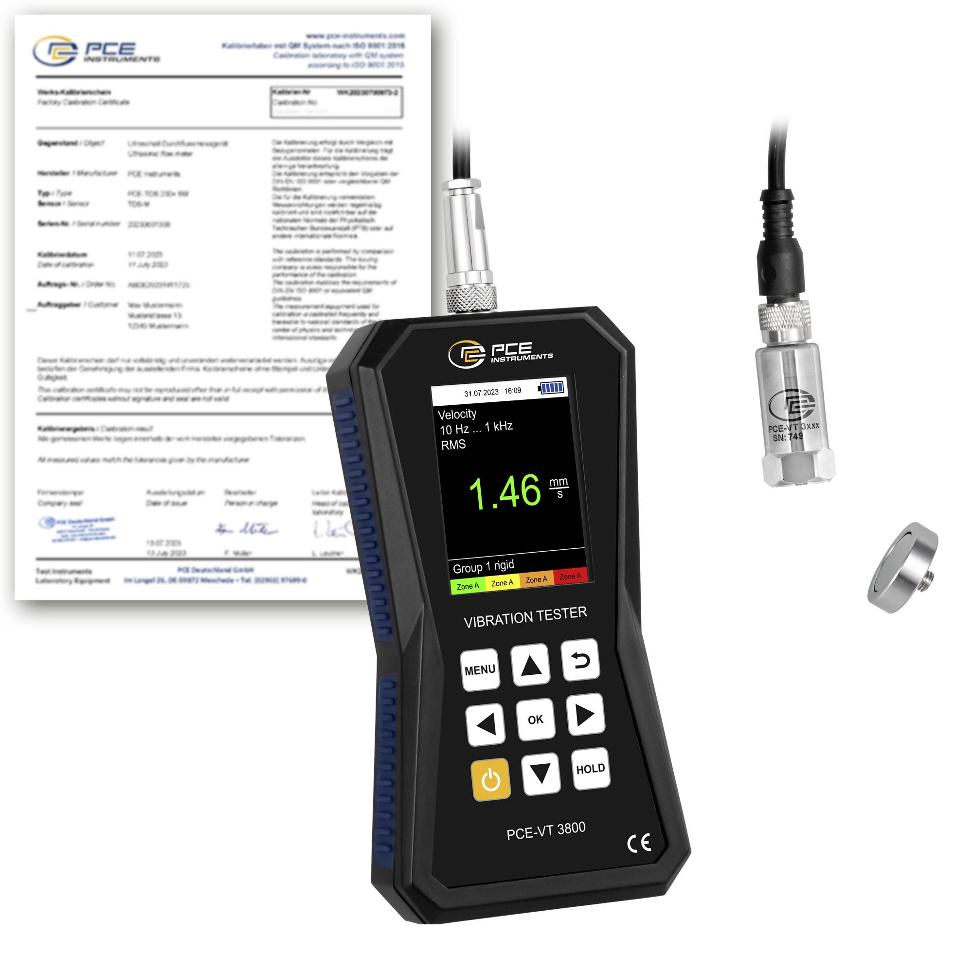PCE trillingmeter met sonde, kalibratiecertificaat en accessoires, met een weergegeven snelheidslezing van 1,46 mm/s.