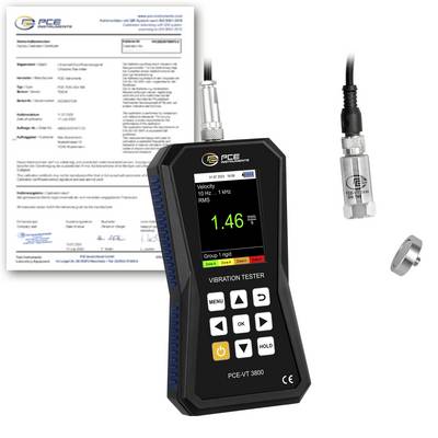 PCE trillingmeter met sonde, kalibratiecertificaat en accessoires, met een weergegeven snelheidslezing van 1,46 mm/s.