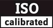 Zwart certificaatmerk met witte tekst 'ISO calibrated'.