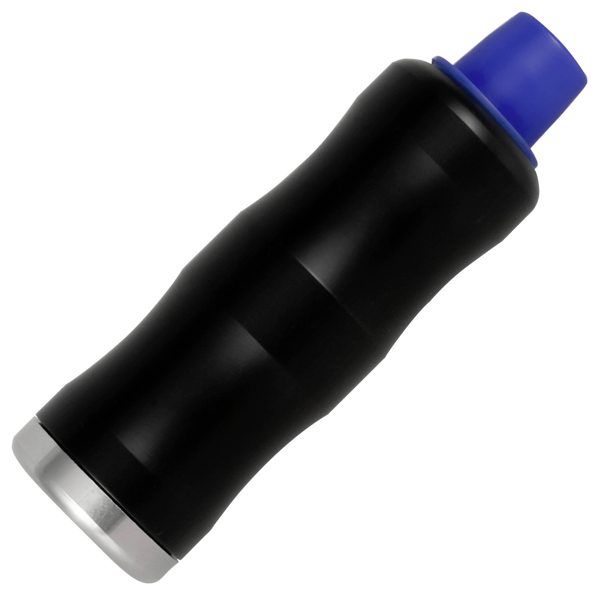 Zwart cilindrisch apparaat of batterij met een blauwe dop aan het ene uiteinde en een zilveren metalen basis aan het andere uiteinde, weergegeven op een witte achtergrond.