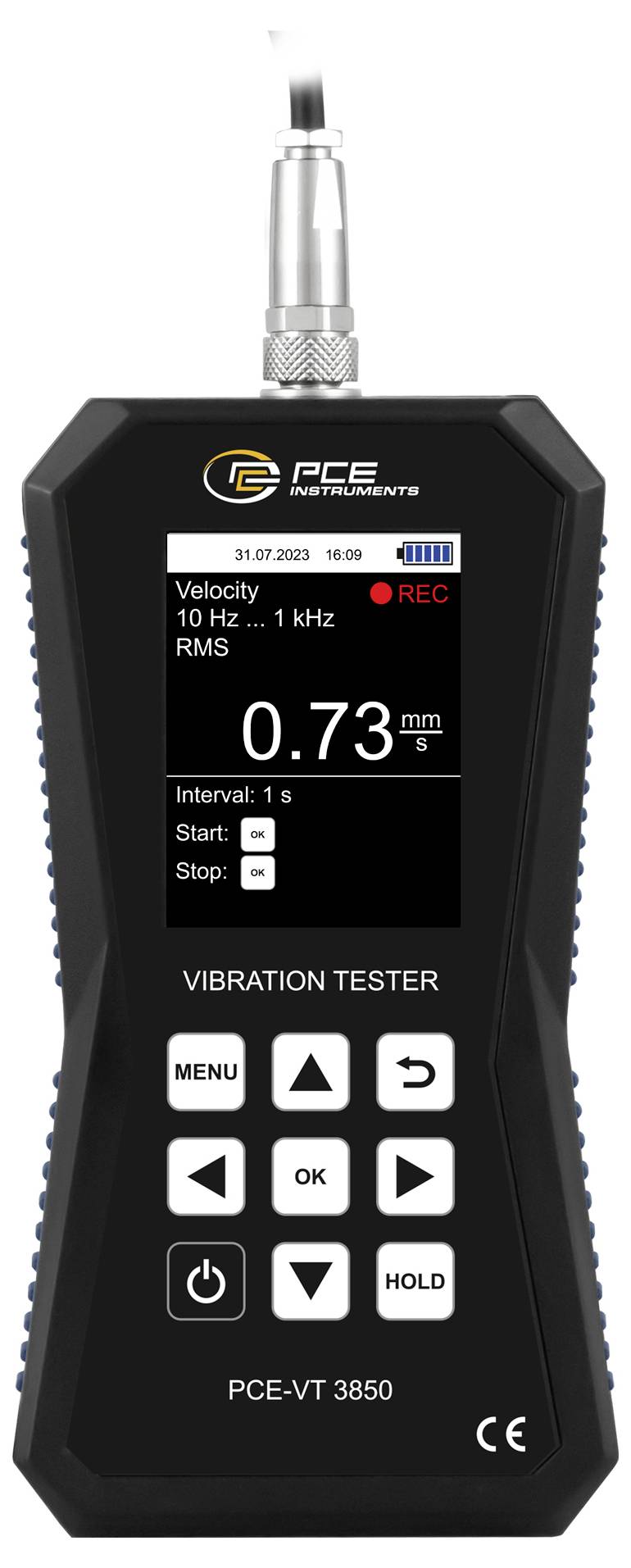 Handheld PCE-trillingmeter display in snelheidsmodus, opname, 0,73 mm/s, en 1-seconde-meetinterval.