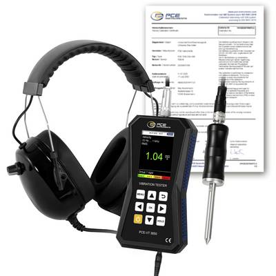 Trillingstetkitset met over-ear koptelefoons, handheld meter, probe en kalibratiecertificaat achter hen uitgestald.