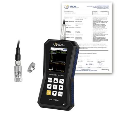 Handheld trillingmeter met bijgevoelde sensor, weergegeven naast het kalibratiecertificaat en een klein adapterstuk.