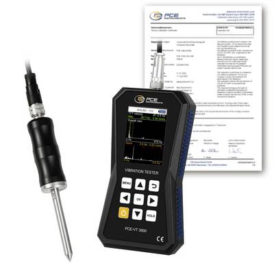 PCE VT 3900 trillingmeter met probe en kalibratiecertificaat erachter weergegeven.