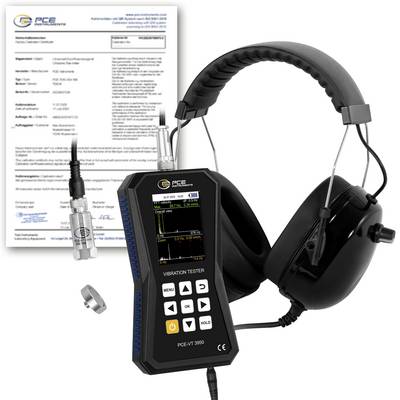 PCE vibratietester met koptelefoon, sonde en kalibreringscertificaat, met een handheld apparaat voor het meten van machinetrillingen en geluid.