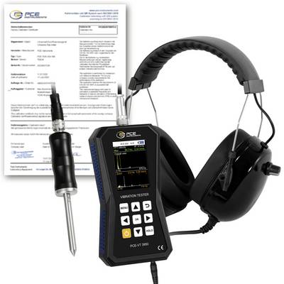 Trillingstesters kit met handheld meter, sensorprobe en koptelefoon, weergegeven met kalibratiecertificaat op een witte achtergrond.