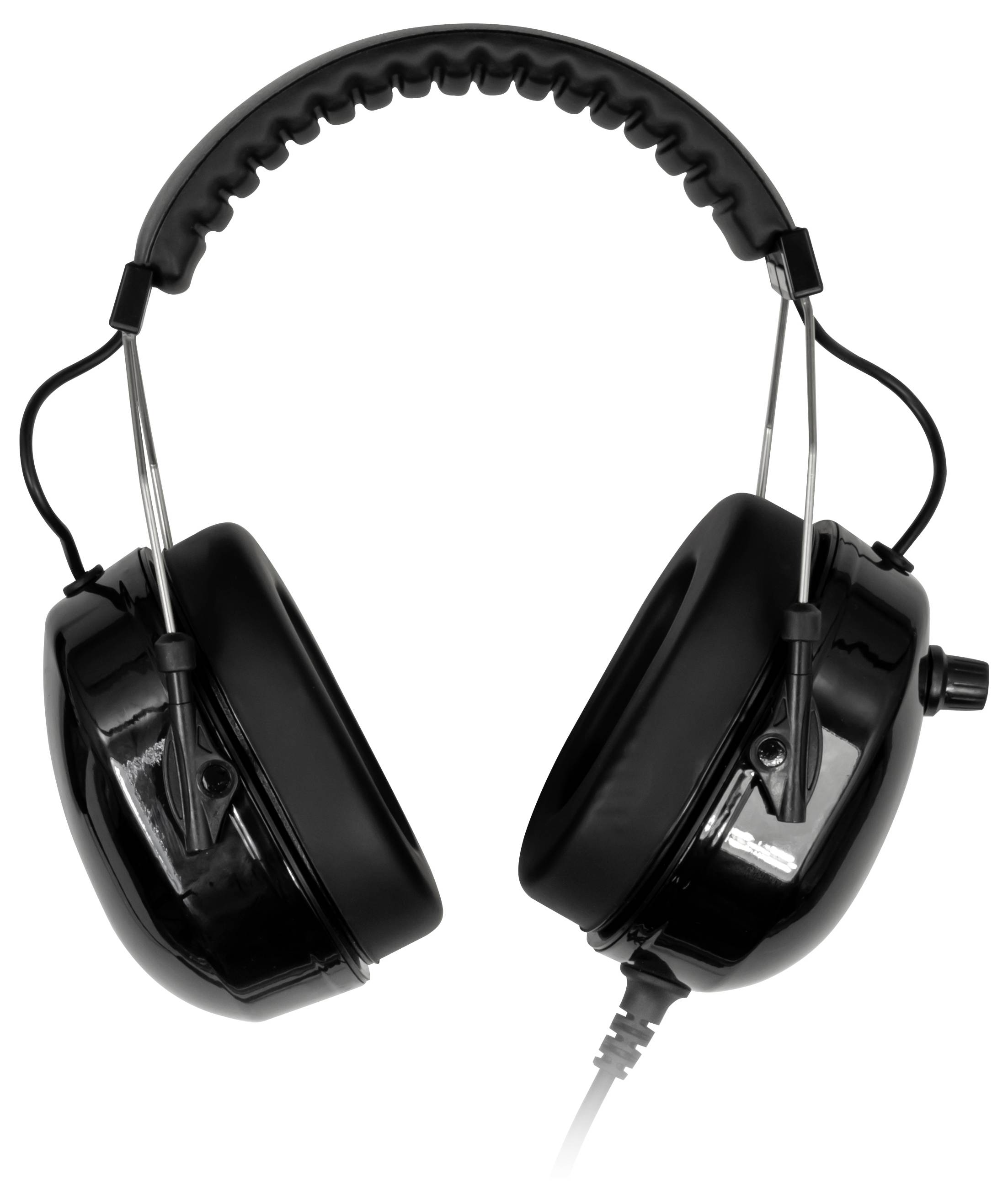 Zwarte over-ear gehoorbesch<br><br>ermingsoorschelpen met gevoerde hoofdband en aangesloten kabel op witte achtergrond.