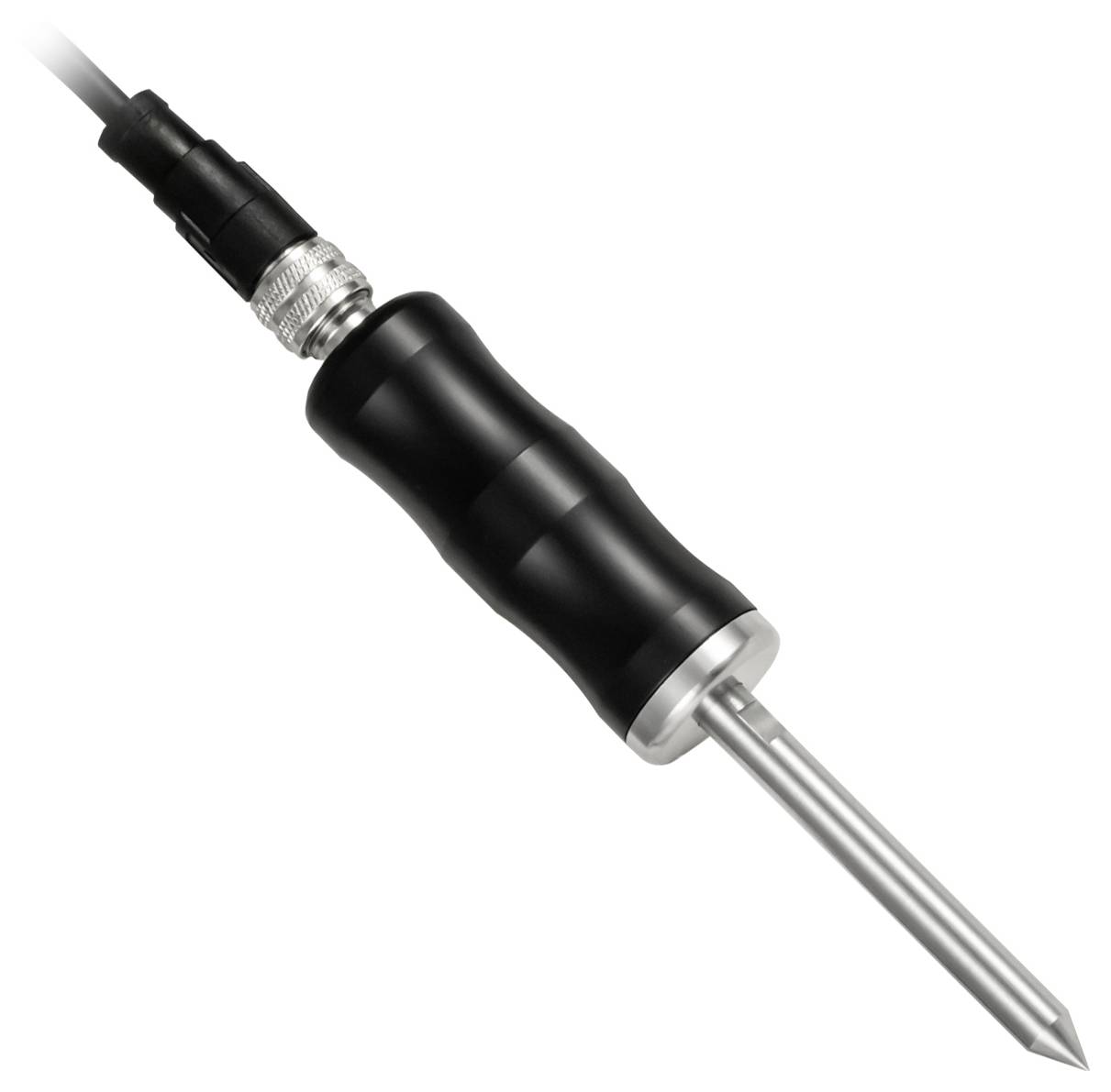 Close-up van een zwarte handheld metalen probe met een aangesloten kabel en een scherpe roestvrijstalen punt.