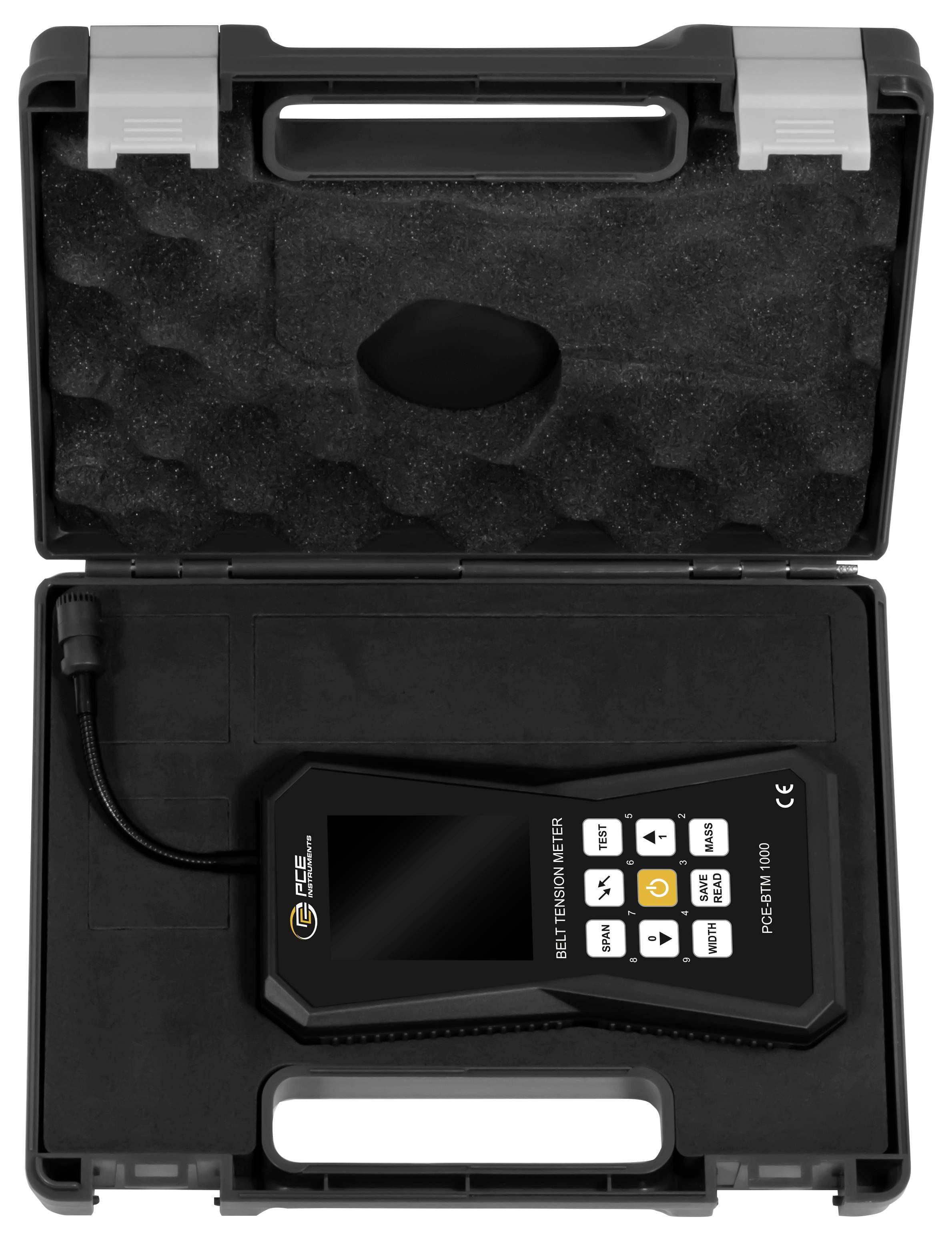 Zwarte draagtas open waarin een handheld CEI SEITRON sensortester met scherm en bedieningsknoppen zichtbaar is, vastgezet in schuimuitsnijdingen.