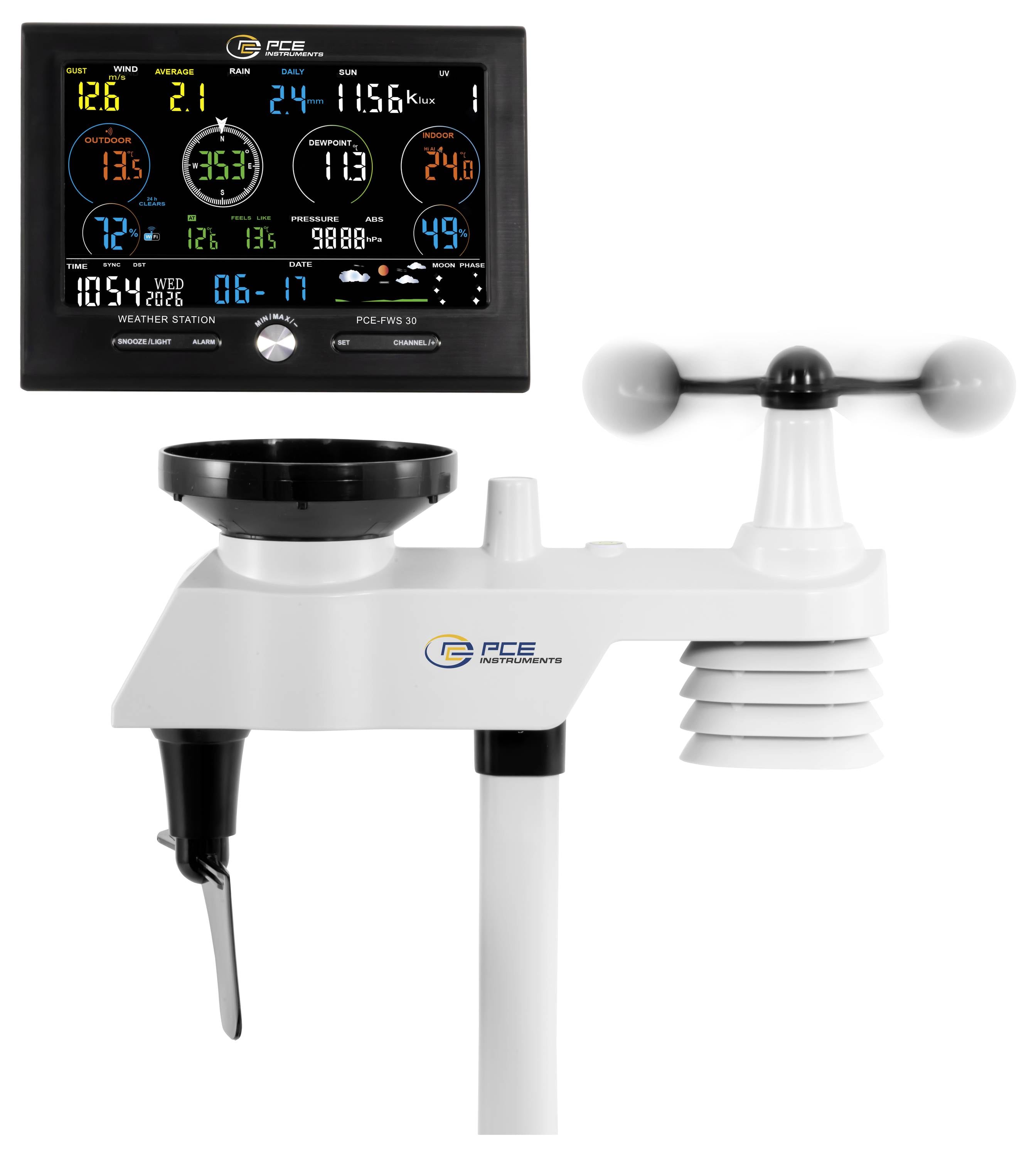 Digitaal weerstation met buitensensorarray, met aflezingen voor temperatuur, vochtigheid, luchtdruk, wind, regenval en tijd.