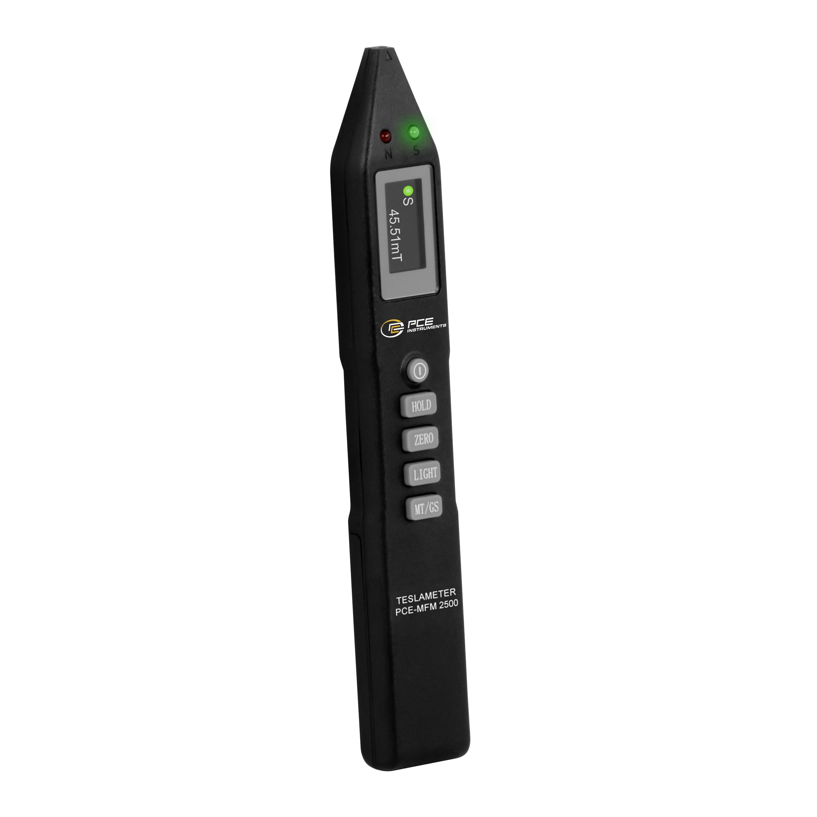 Handheld teslameter die 45,5 mT op het display weergeeft, met knoppen voor HOLD, ZERO, LIGHT en mT/Gs.