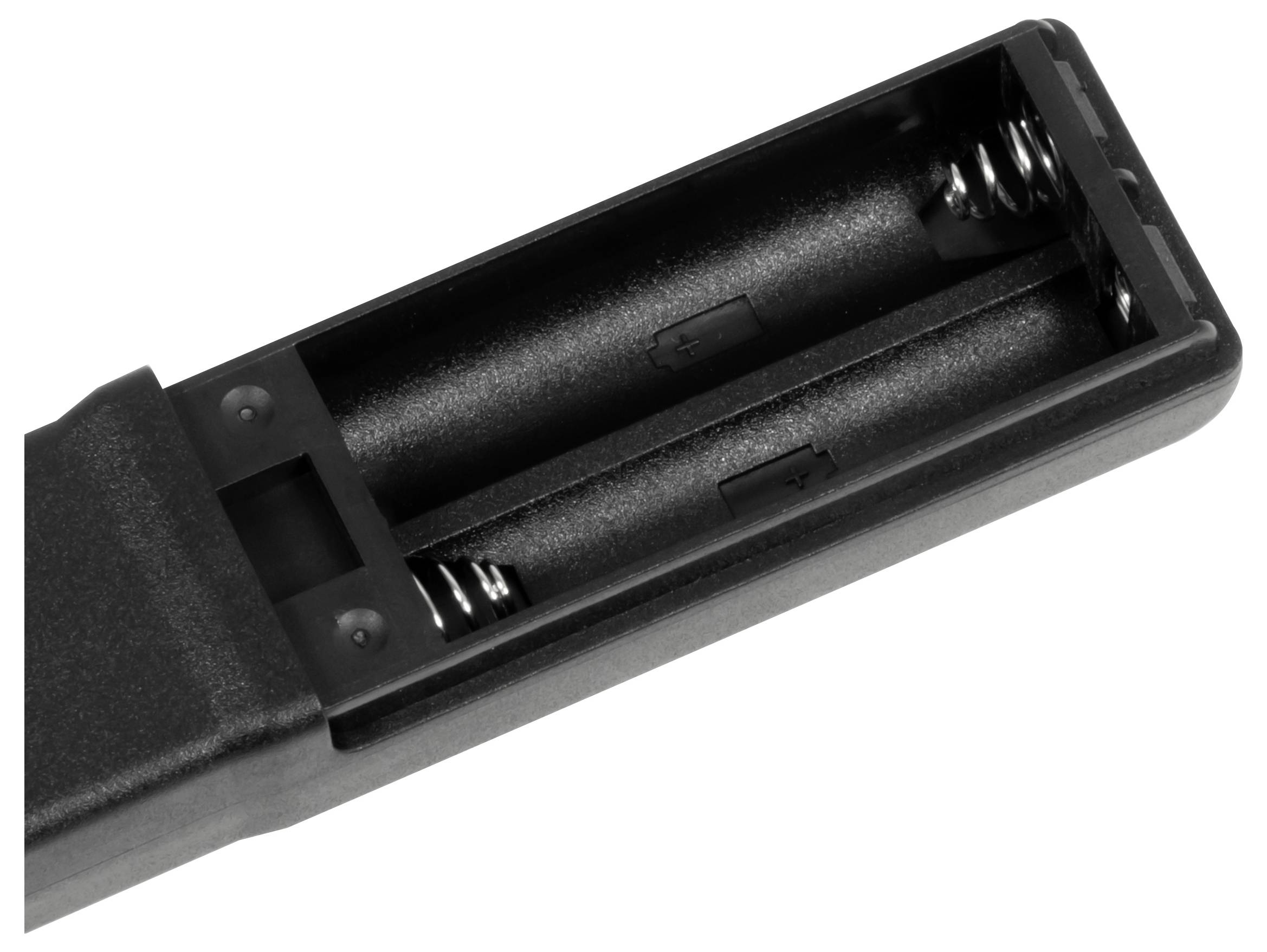Open zwart batterijvak voor twee AA-batterijen in een handheld apparaat.