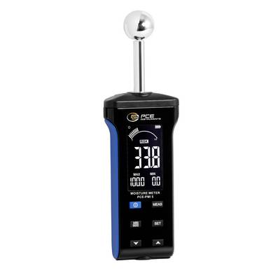 Handheld vochtmeter met sonde, waarbij het display een risicowaarschuwing van 3,3 toont.