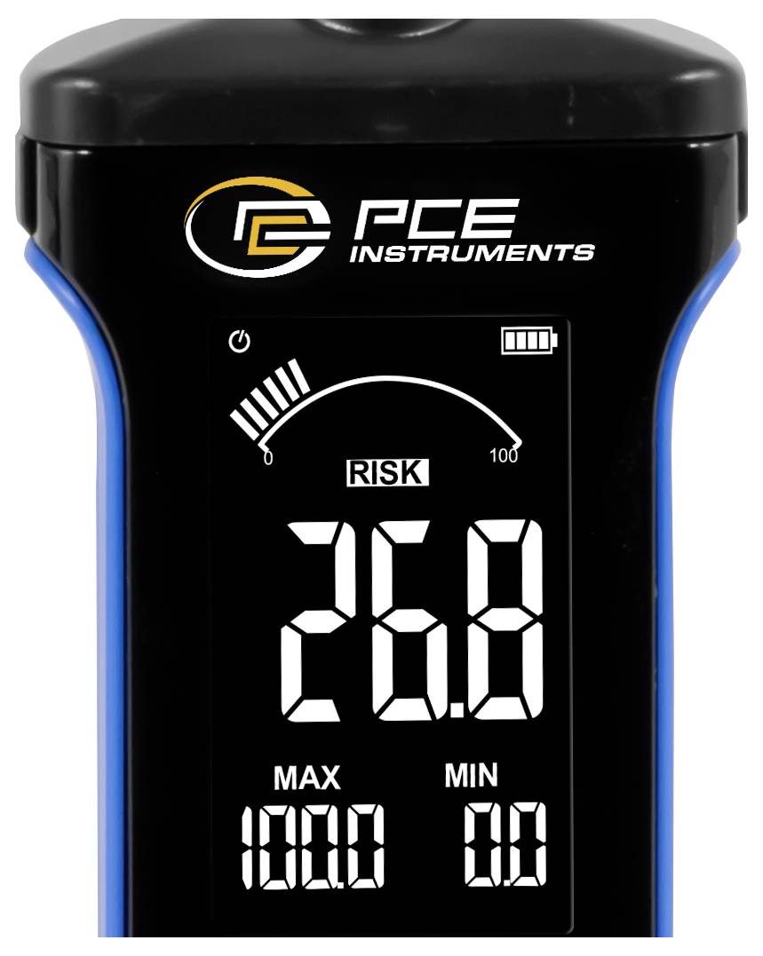 Een PCE Instruments draagbare meter met een 'RISK'-waarde van 26,8 op het scherm, met een maximum van 100,0 en een minimum van 0,0.