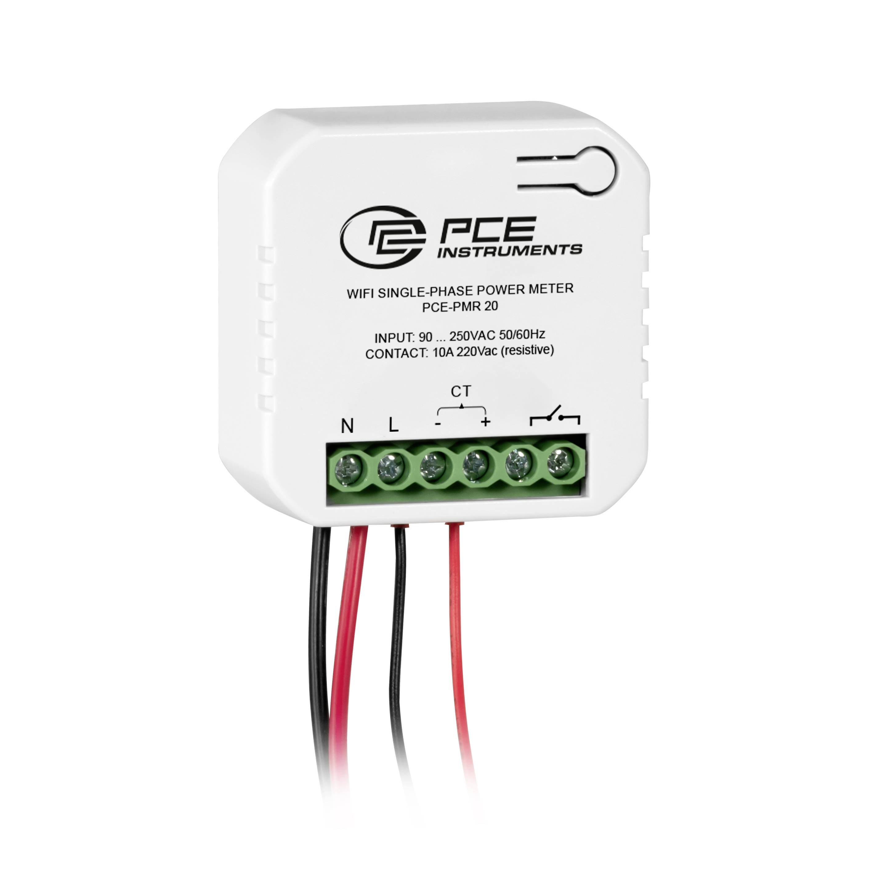 Witte PCE Instruments WiFi enkelfase-energiemeter met aansluitblok en bevestigde rode/zwarte draden, gelabeld 'PCE-PMR 20'.
