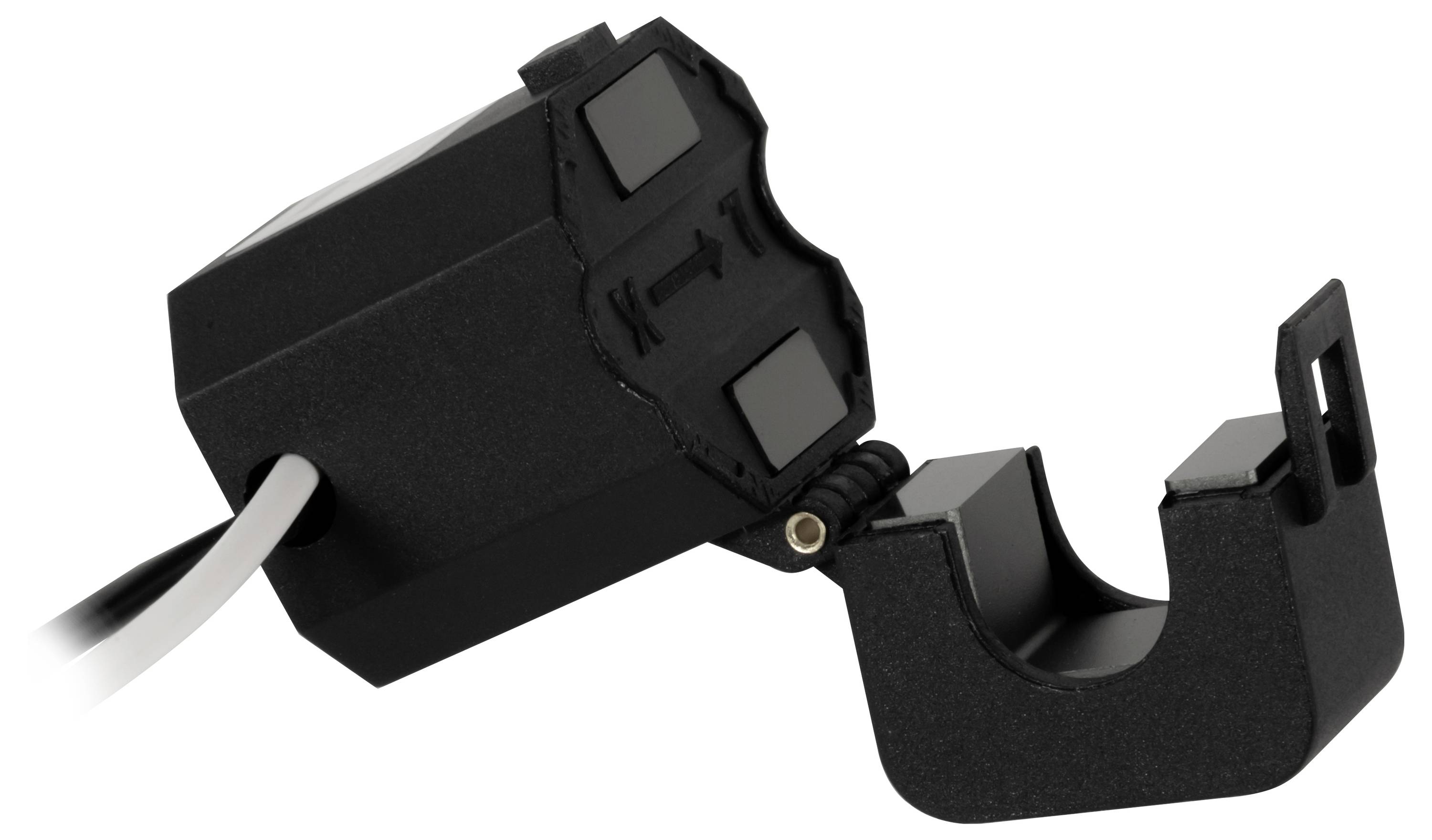 Zwarte klemstijl-kabelconnector met twee vierkante contactpunten en een scharnierend haakje, geïsoleerd op een witte achtergrond weergegeven.