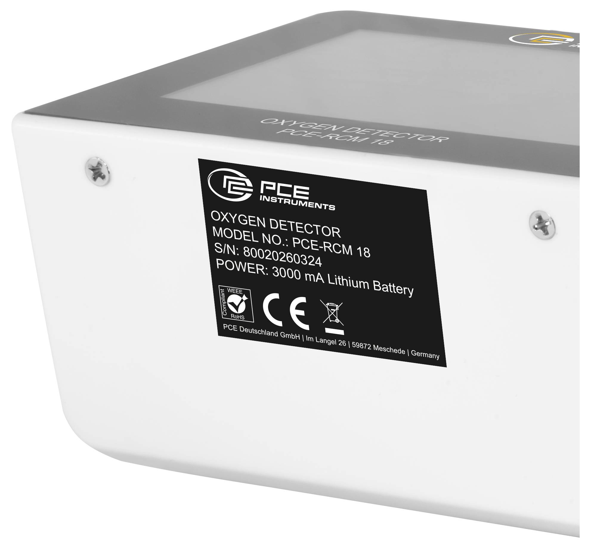 PCE Instruments zuurstofdetector, model PCE-RCM 18, wit rechthoekig apparaat met een zwart productlabel op de voorkant.