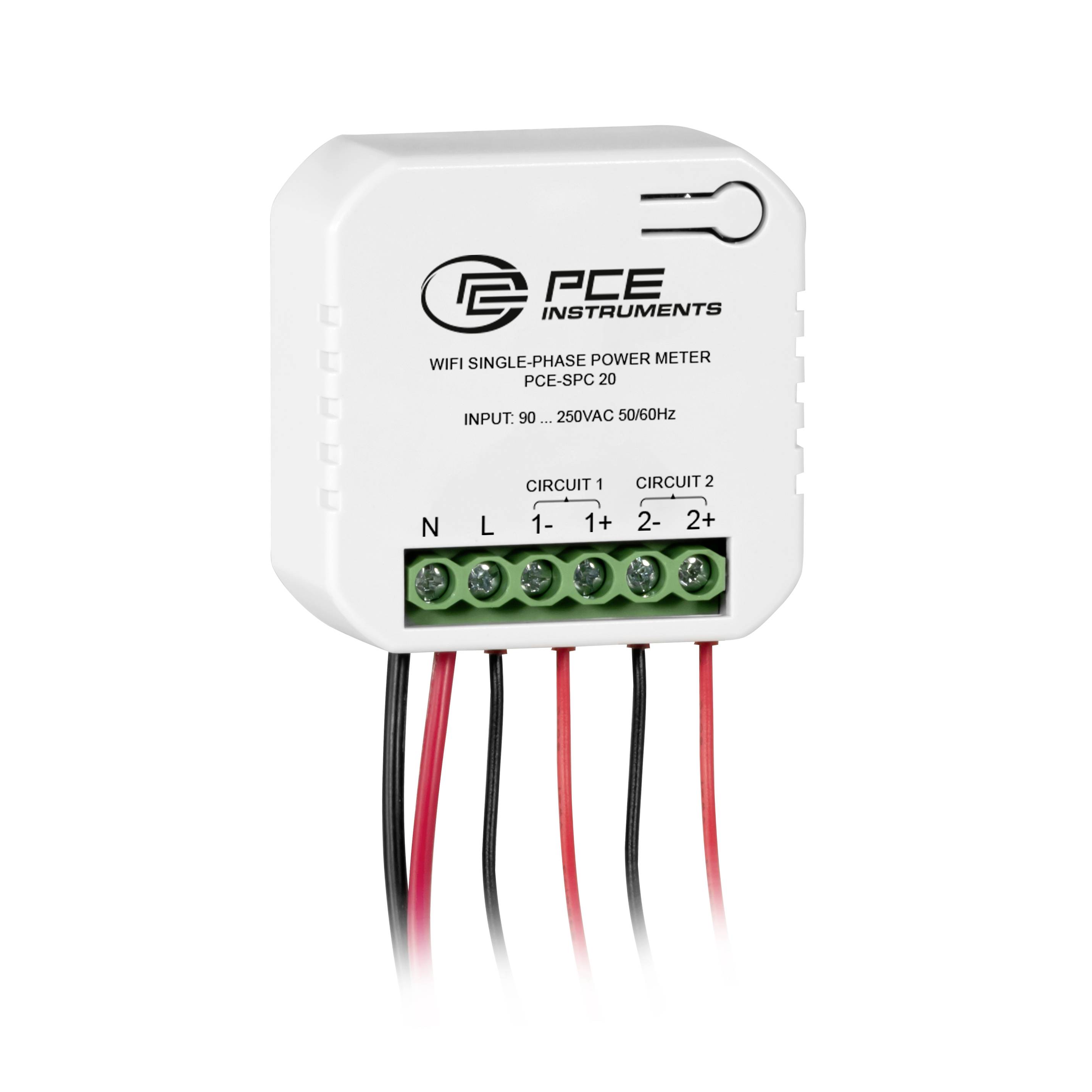 PCE Instruments WiFi enkelfase-vermogensmeter met zes schroefklemmen gelabeld N, L, 1-, 1+, 2-, en 2+ en aangesloten draden.