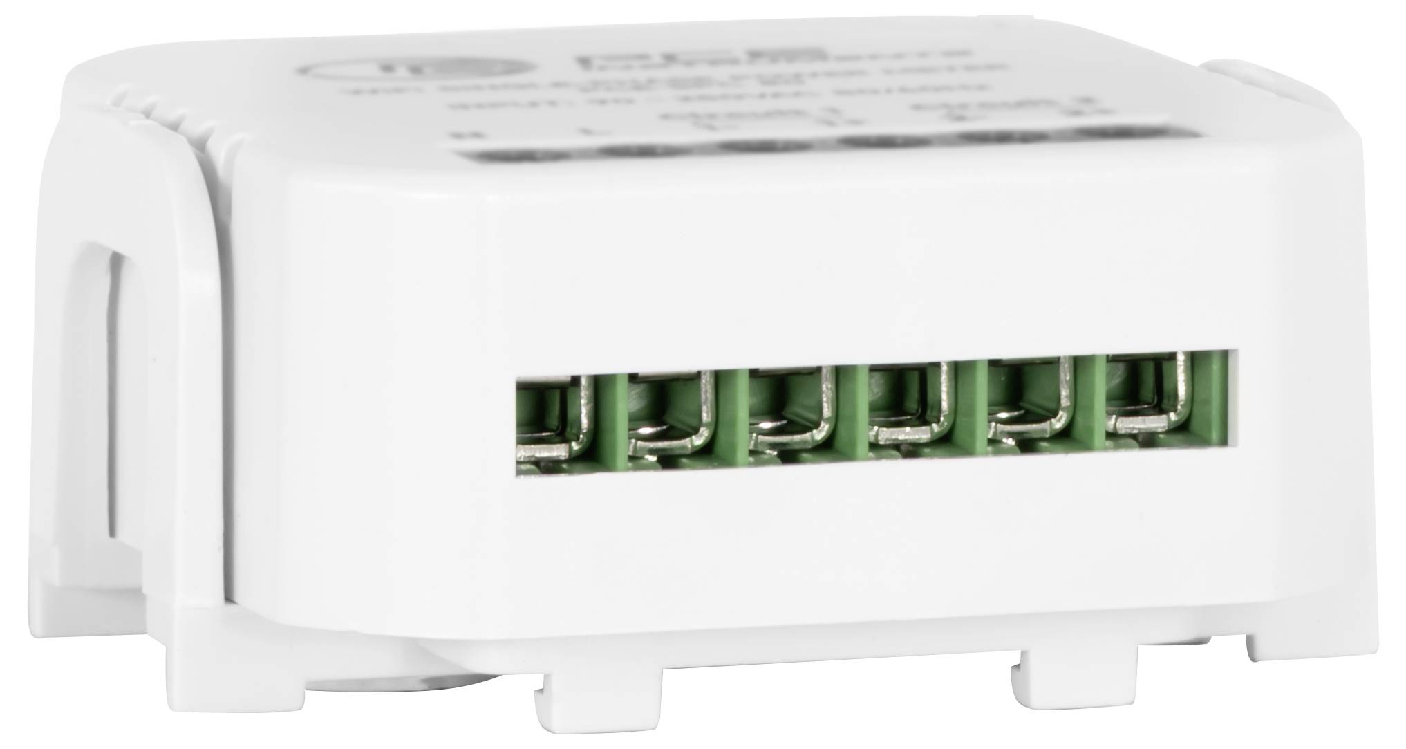 Witte elektrische aansluitklemmenblok met een rij groene schroefconnectoren zichtbaar door een zijraam.