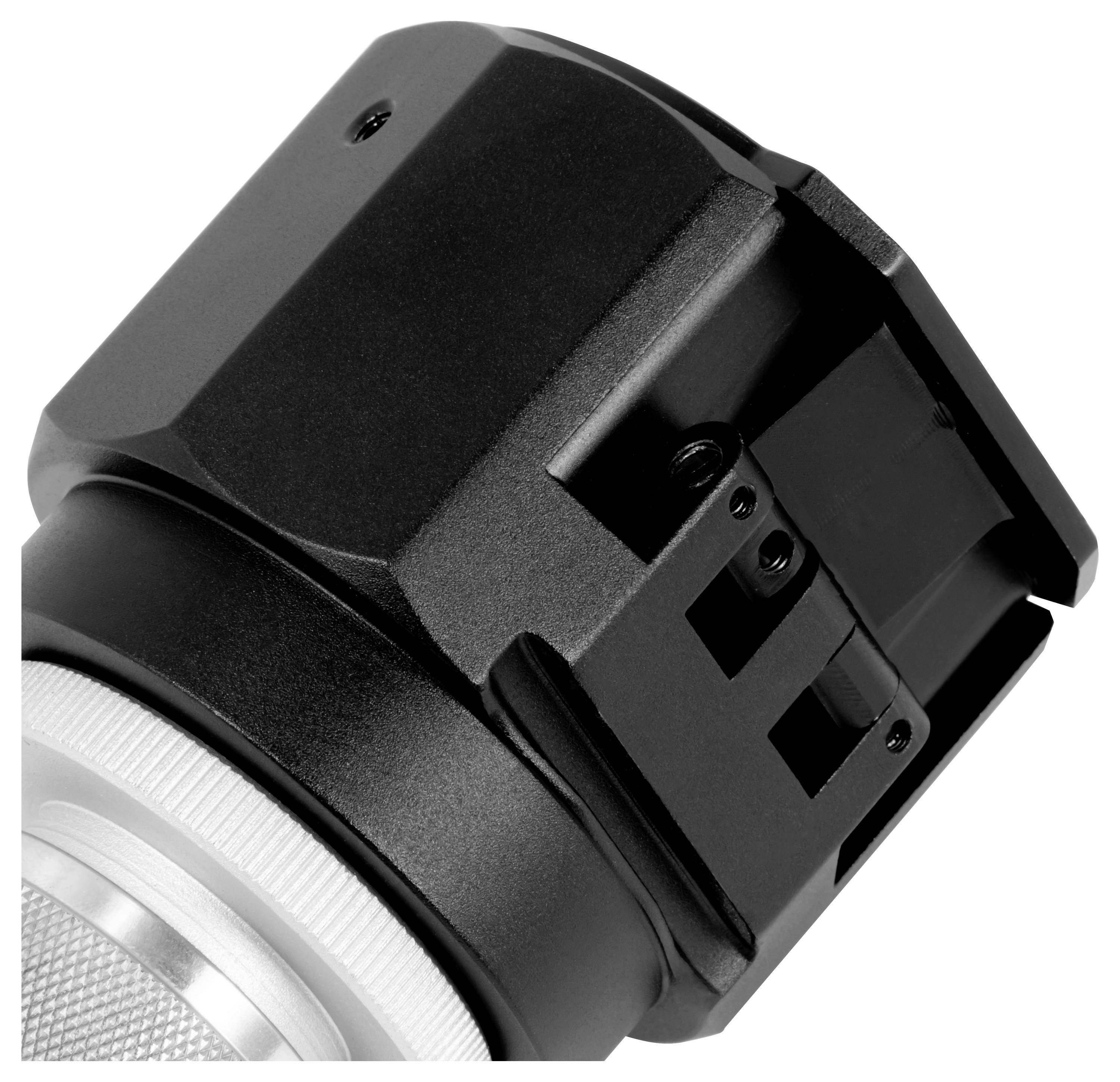 Close-up van een zwart camera-accessoire met een zilveren lensring en bevestigingsbeugel op een witte achtergrond.
