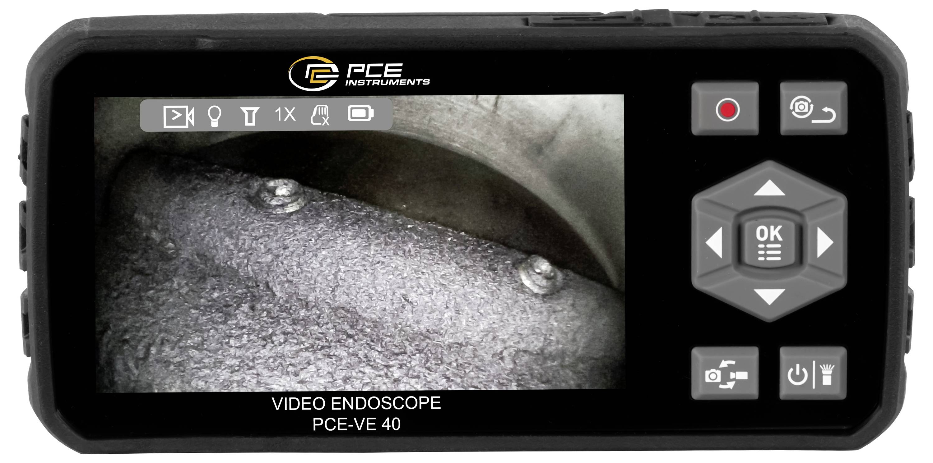 Draagbare PCE-videoscoop met display met een gedetailleerde inspectieweergave in een metalen pijp of holte, met bedieningsknoppen aan de rechterkant.