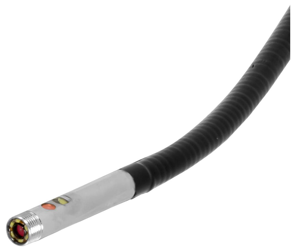 Een zwart golfkartonnen snoer met een zilveren metalen connectortip en kleine gekleurde indicatorlampjes, weergegeven op een witte achtergrond.