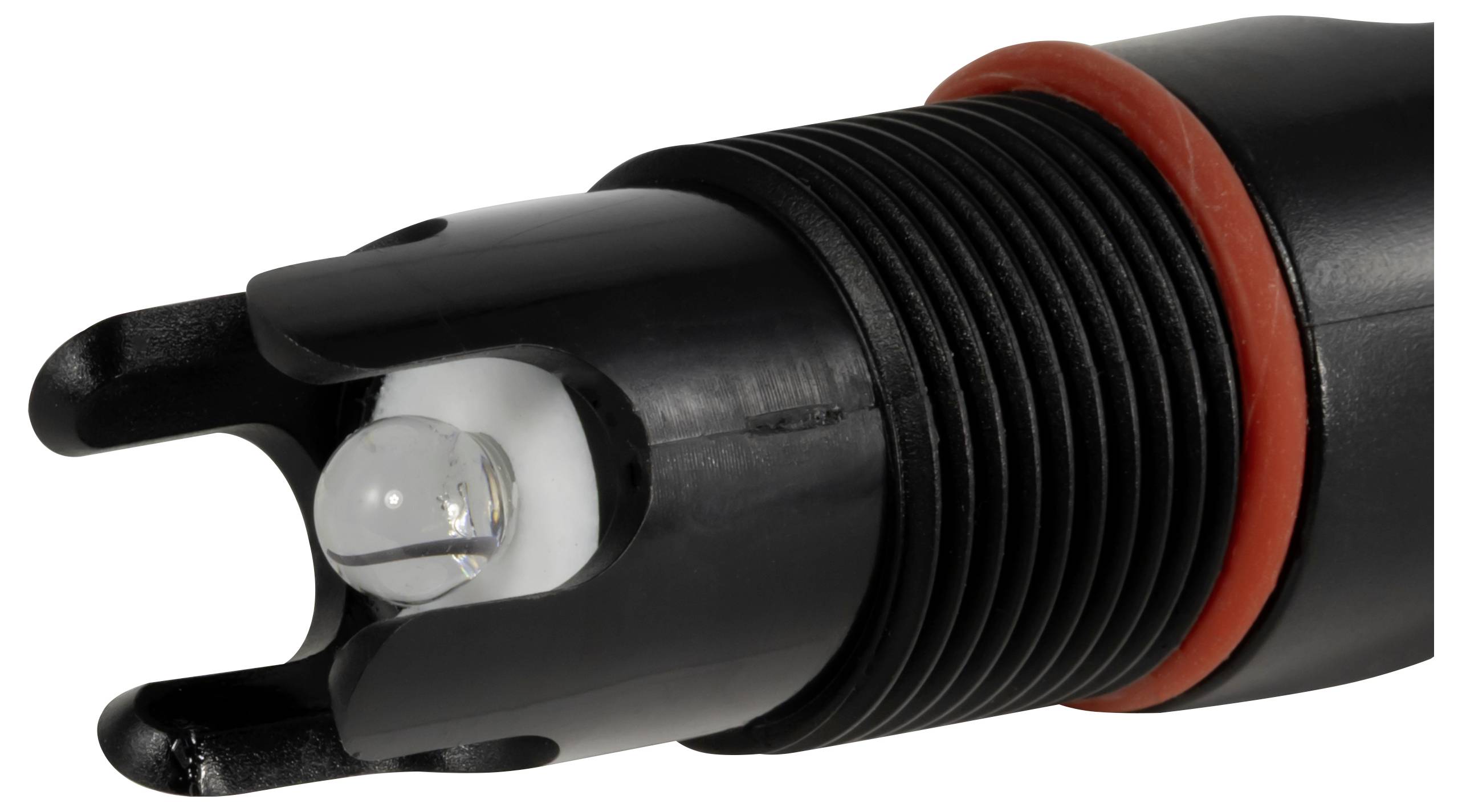 Nahaufnahme van een zwarte optische sensor of probe met een helder objectief, gethread lichaam en rood afdichtingsring op een witte achtergrond.