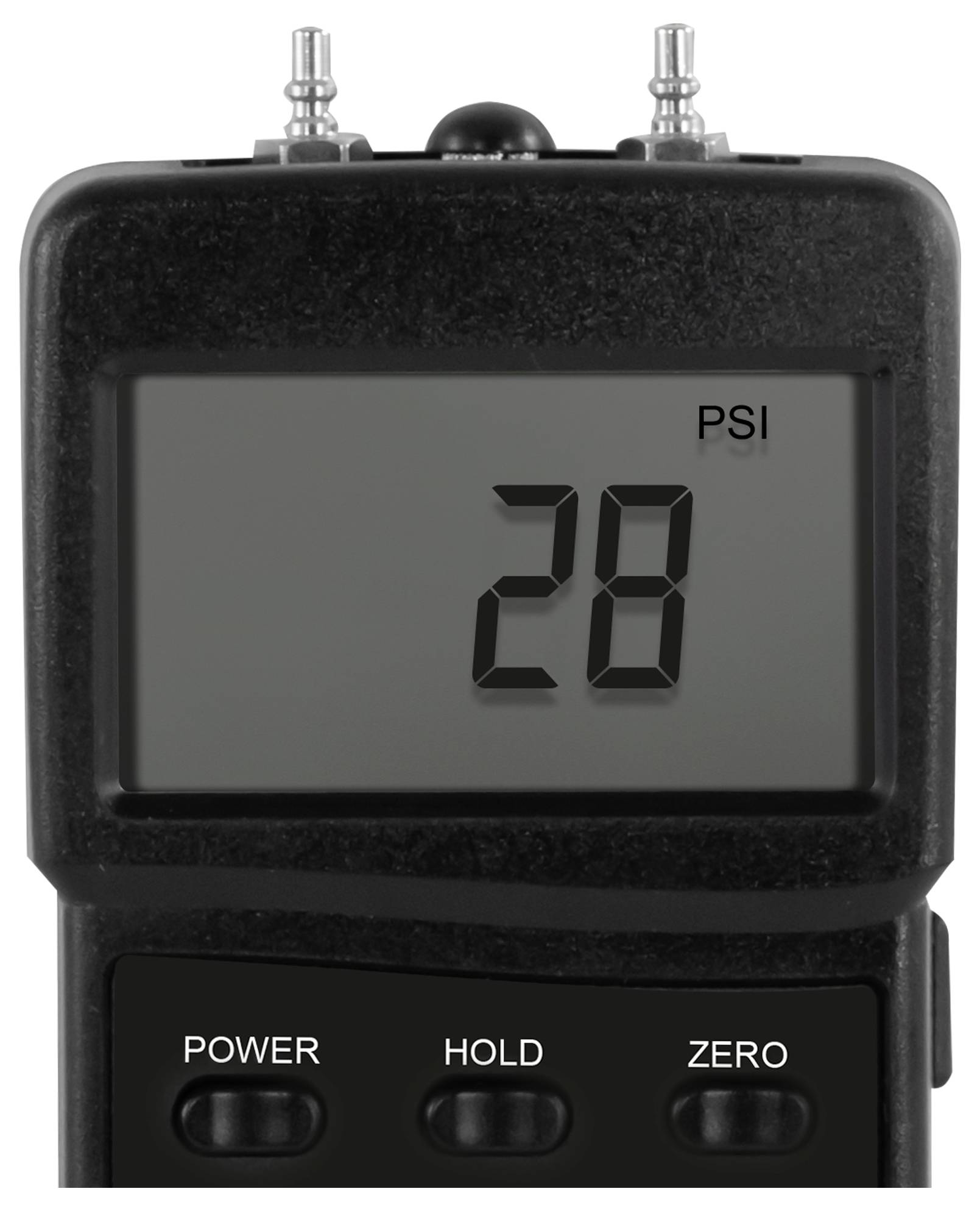 Digitale manometer die 28 PSI op het LCD-scherm weergeeft, met POWER-, HOLD- en ZERO-knoppen eronder.