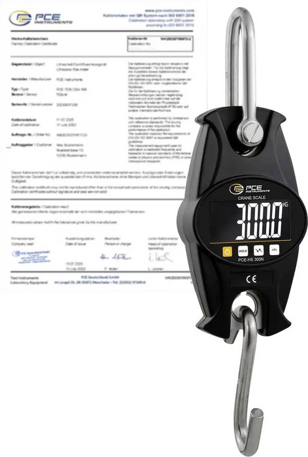 PCE Instruments PCE-HS 300N-ICA PCE-HS 300N-ICA Kraanweegschaal Kalibratie (ISO) Weegbereik (max.) 300 kg Resolutie 100 g werkt op batterijen