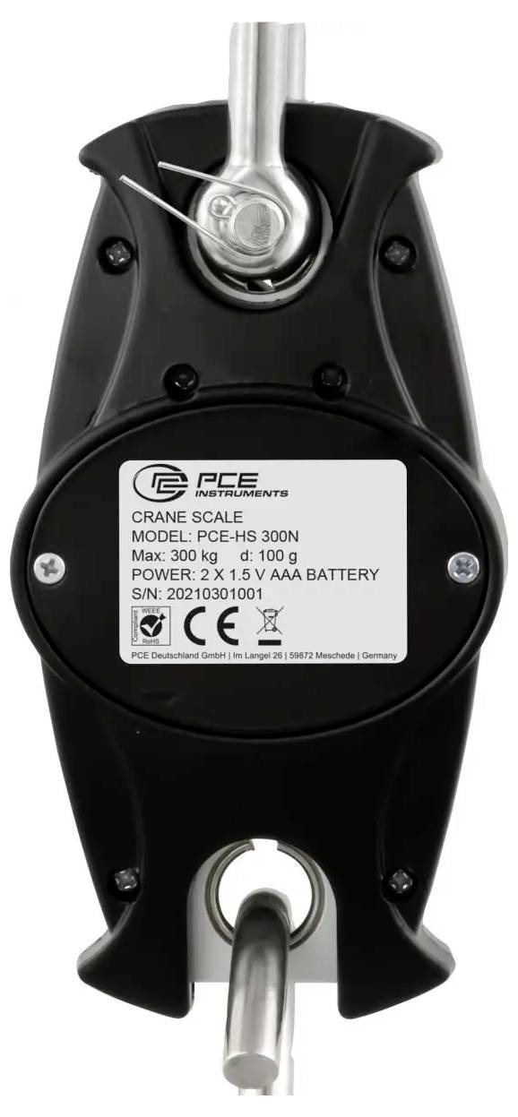 Zwarte kraanweegschaal met metalen haken, gelabeld PCE Model PCE-CS 300N, max 300N en 1x AA-batterij.