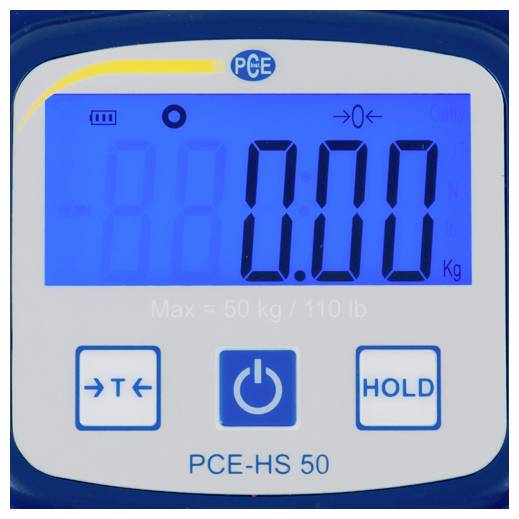 Digitale weegschaaldisplay toont 0,00 kg op een PCE-HS 50, met hold- en tare-knoppen en een etiket met maximale capaciteit van 50 kg.
