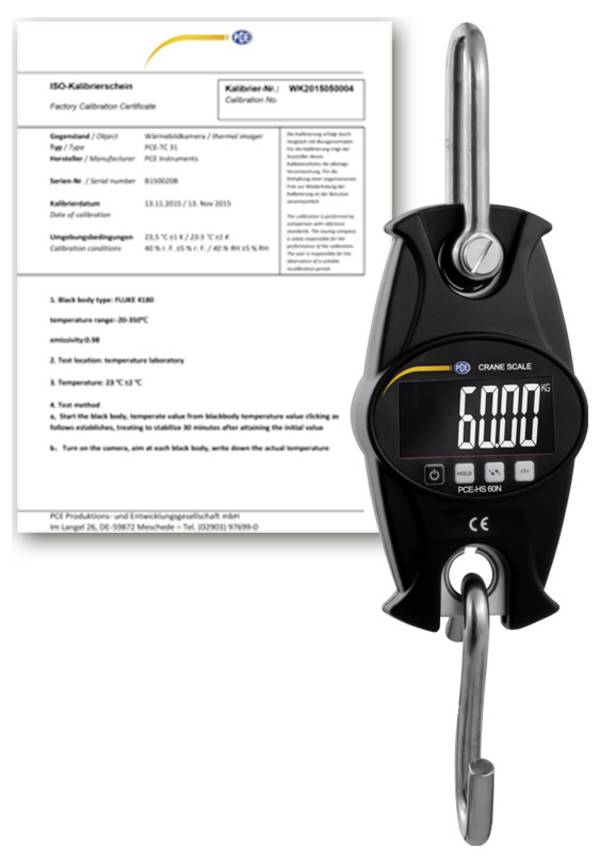 PCE Instruments PCE-HS 60N-ICA PCE-HS 60N-ICA Kraanweegschaal Kalibratie (ISO) Weegbereik (max.) 60 kg Resolutie 20 g werkt op batterijen