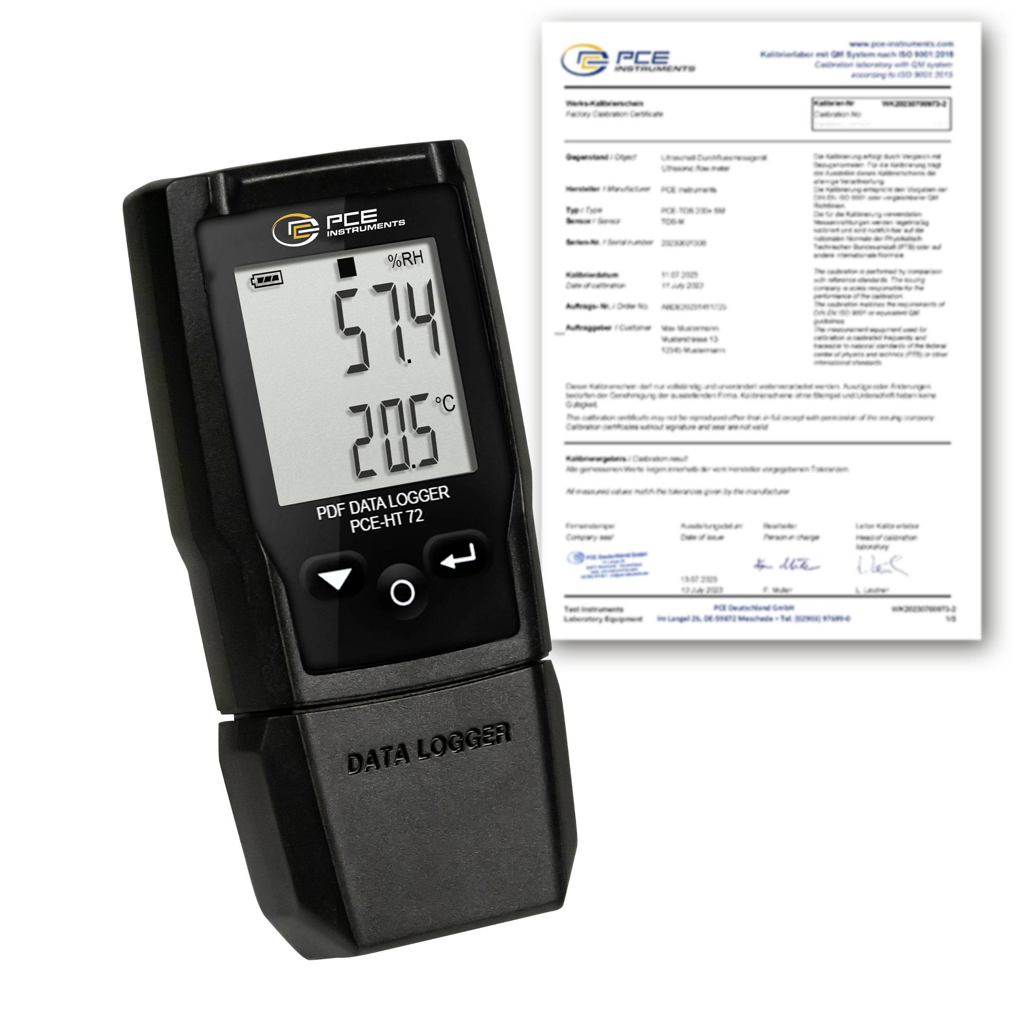 PCE HT 72 PDF datalogger met een weergave van 57,4% RV en 20,5°C, met een kalibratiecertificaat erachter.