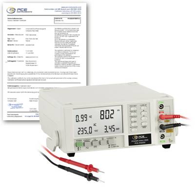 PCE vermogenanalyzer met kalibratie certificaat en testpennen, met digitale weergaven voor spanning, stroom en frequentie.