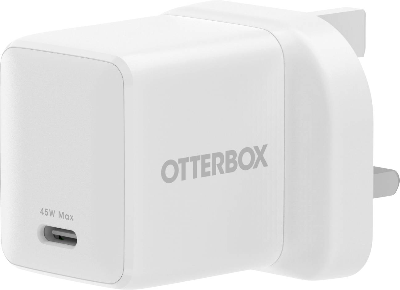 Witte OtterBox 45W USB-C wandlader met inklapbare stekkers en een enkele USB-C-poort aan de voorkant