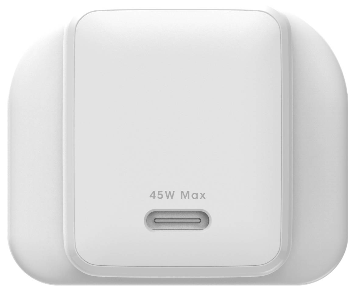 Witte USB-C wandlader met label '45W Max' en een enkele laadpoort.