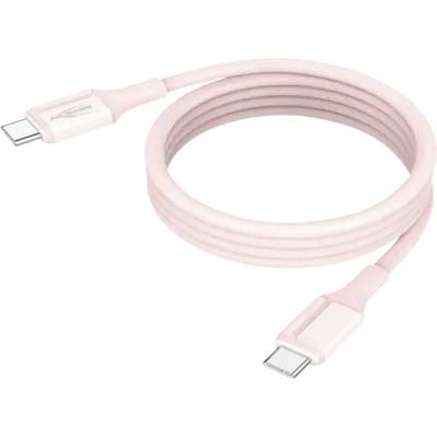 Roze USB-C-oplaadkabel opgerold op een witte achtergrond, met connectoren zichtbaar aan beide uiteinden.
