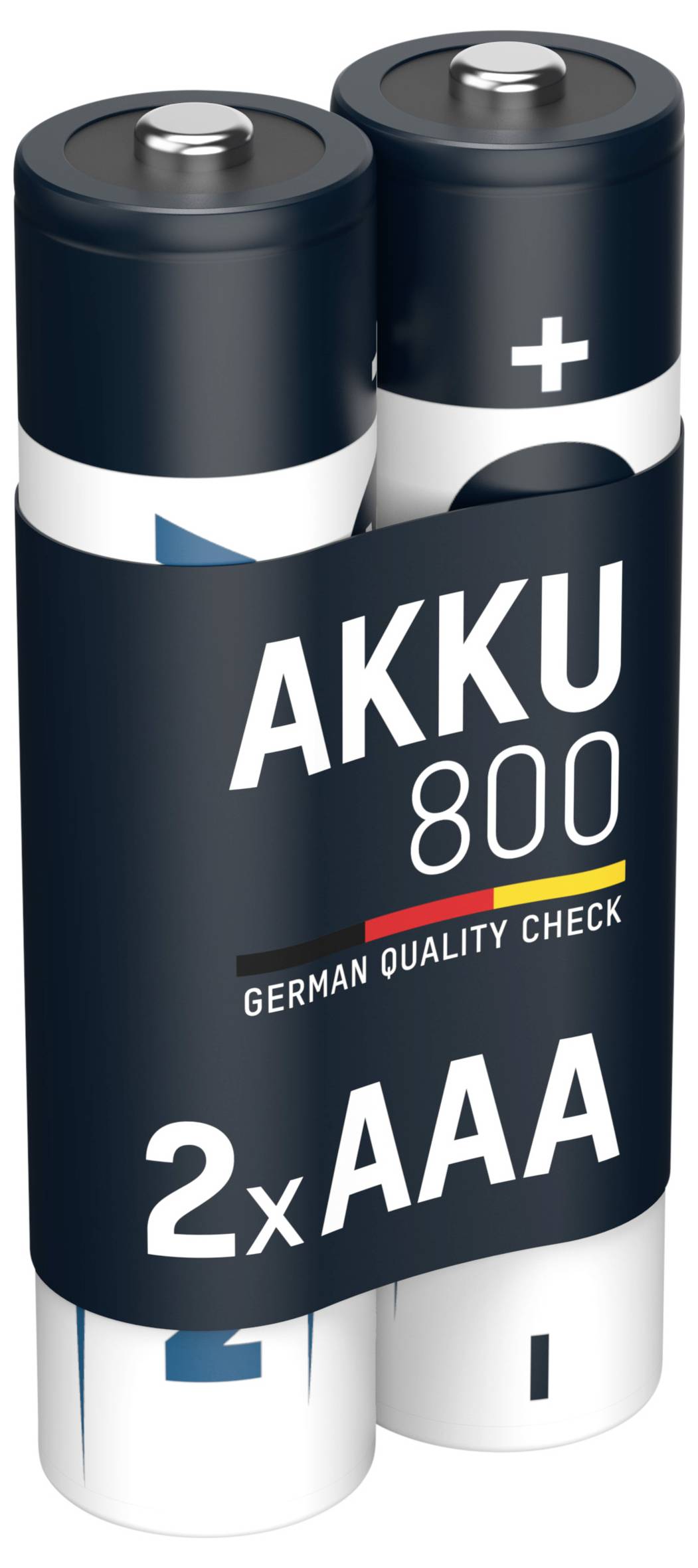 Twee AA-batterijen met labels 'AKKU 800', 'German Quality Check' en '2x AAA', weergegeven als een productpakket.
