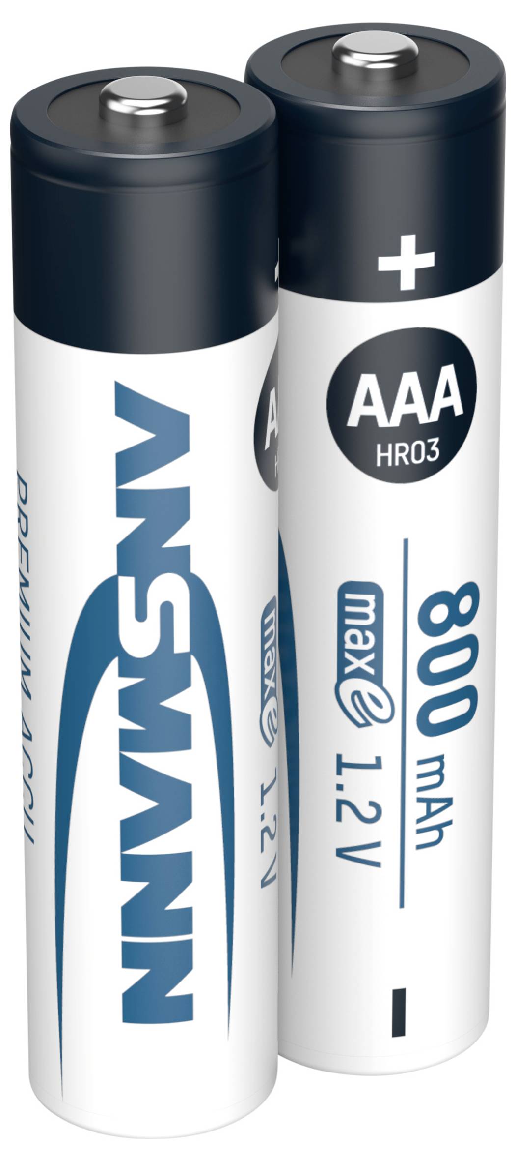 Twee AAA-batterijen, één met positieve pool zichtbaar, gelabeld 'maxe' en '800 mAh', merk 'WINSN' op de voorbatterij.