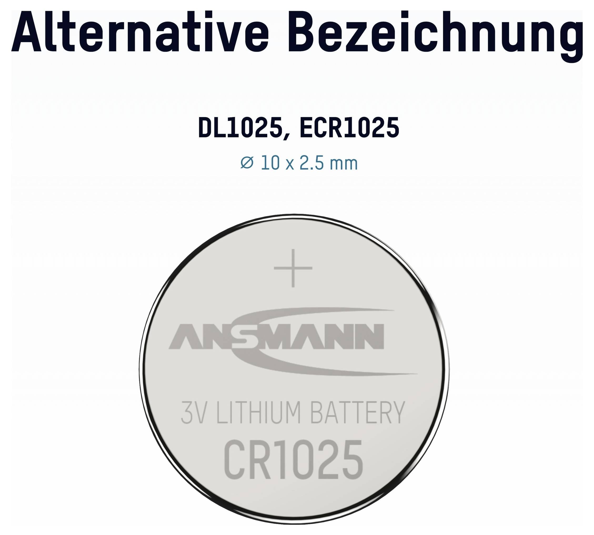 CR1025 3V lithium knoopcelbatterij, gelabeld DL1025/ECR1025, diameter 10 x 2,5 mm.