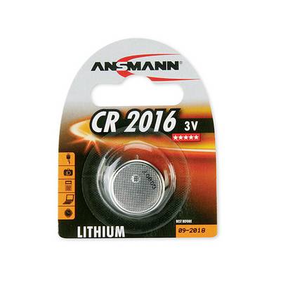 Verpakking voor een Ansmann CR 2016 3V lithium knoopcelbatterij, weergegeven in een blisterpack.