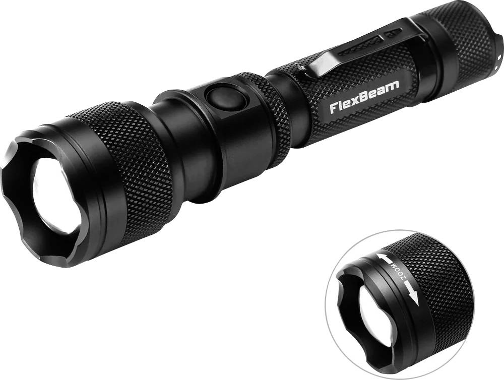 Zwarte Flexbeam handheld zaklamp met gestructureerde grip, zijknop en verstelbare kop, weergegeven met een vergrote inzet van het verstelbare vooruiteinde.