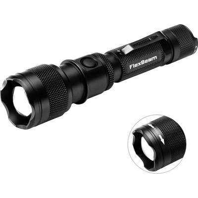 Zwarte Flexbeam handheld zaklamp met gestructureerde grip, zijknop en verstelbare kop, weergegeven met een vergrote inzet van het verstelbare vooruiteinde.