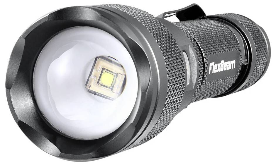 Zwart draagbaar zaklantaarn met een groot rond lens en zichtbare LED-emitter, gemerkt 'FlexBeam'.