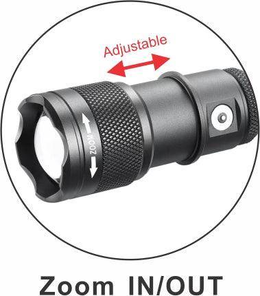 Zwarte verstelbare zaklamp zoomkop met pijlen en 'Zoom IN/OUT' tekst die in- en uitzoombesturing aangeeft.