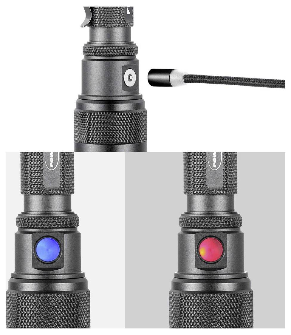 Close-up van een zwarte zaklamp met een zijknop, weergegeven met blauw licht aan de linkerkant en rood licht aan de rechterkant.